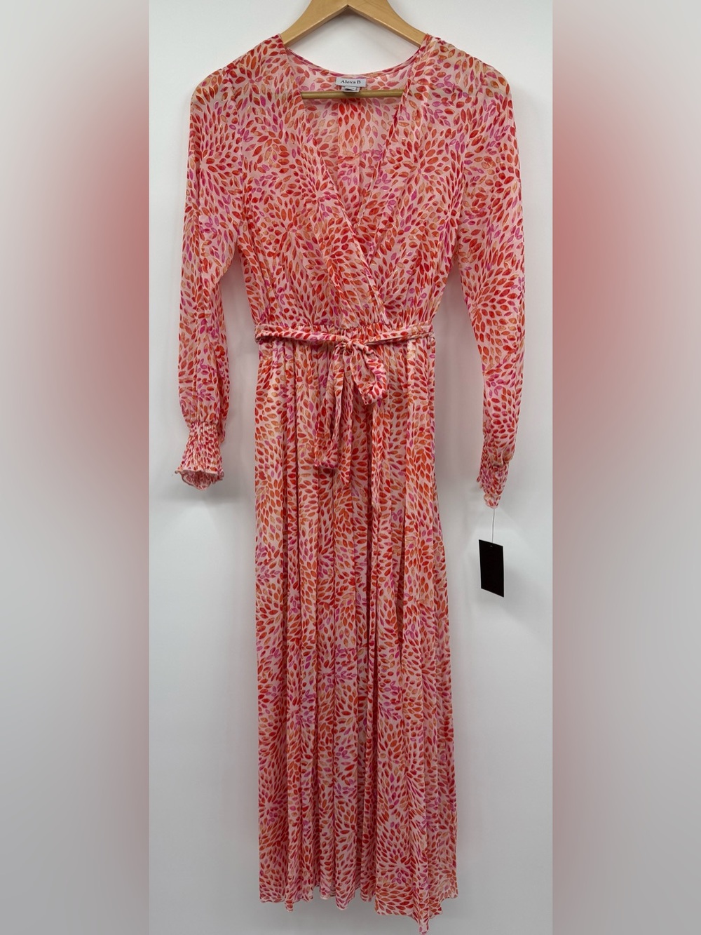 NEW Alexa B Nites Belted Maxi Dress Women's SZ 4 Pink Abstract L/S Vneck Party
